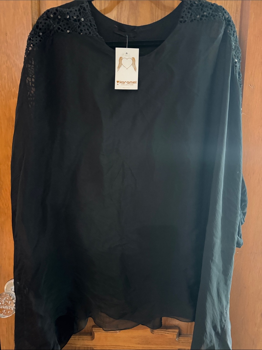 Italian Karamel Black Lace-Trim Blouse for Women